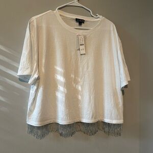 J. Crew NWT White Short Sleeve Top with Beaded Fringe Hem